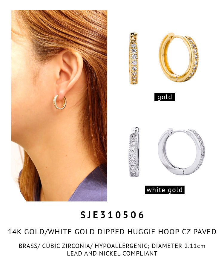 14K Gold Dipped Pave CZ Huggie Hoop Earrings