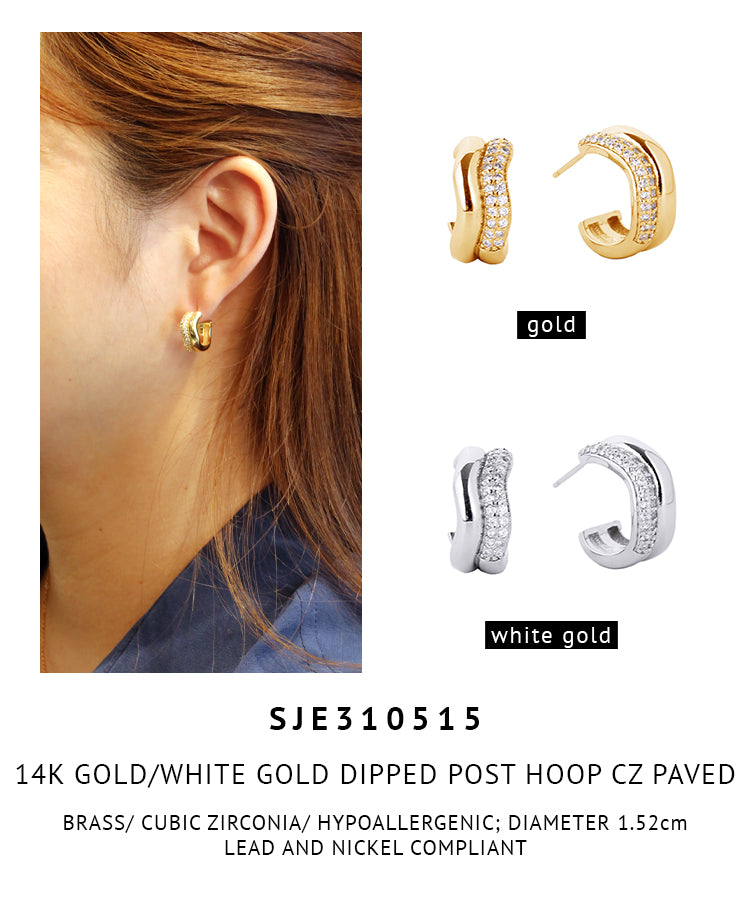 14K Gold Dipped Pave CZ Post Hoop Earrings