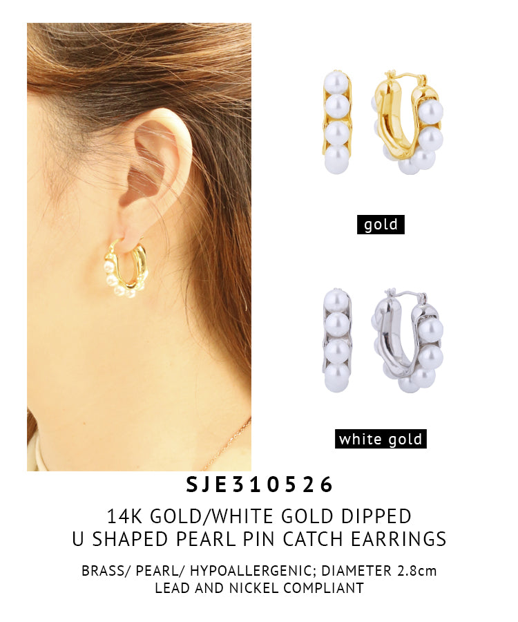 14K Gold Dipped U Shape Pearl Pincatch Earrings