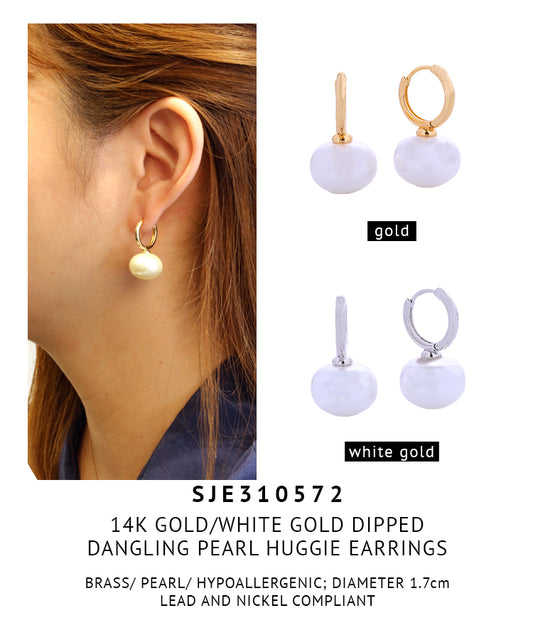 14K Gold Dipped Pearl Huggie Earrings