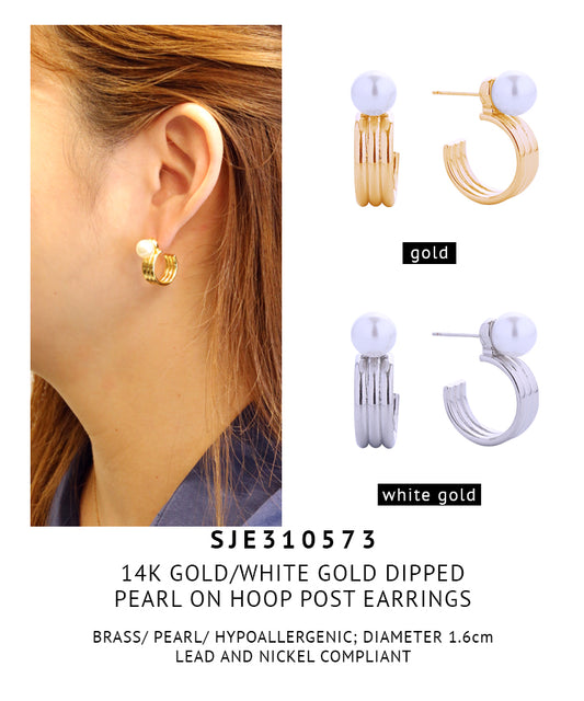 14K Gold Dipped Pearl On Hoop Post Earrings