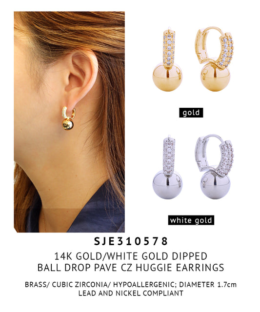 14K Gold Dipped Ball Drop Pave CZ Huggie Earrings
