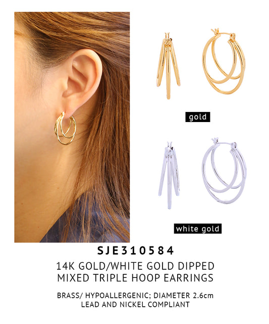 14K Gold Dipped Mixed Triple Hoop Pincatch Earrings