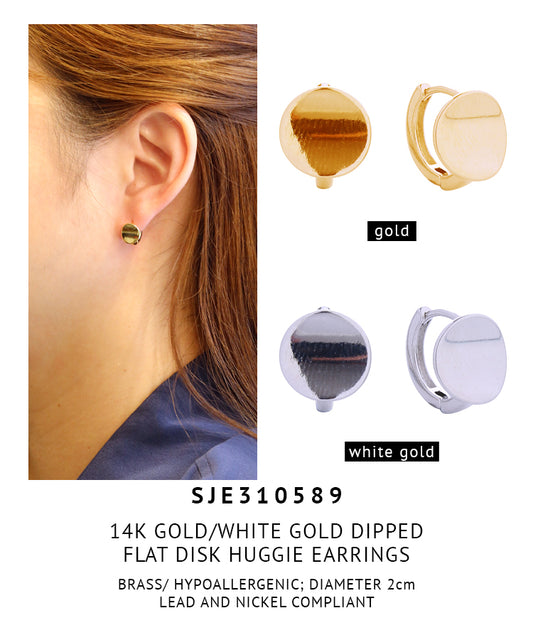 14K Gold Dipped Flat Disk Huggie Earrings