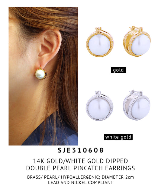 14K Gold Dipped Double Pearl Pincatch Earrings