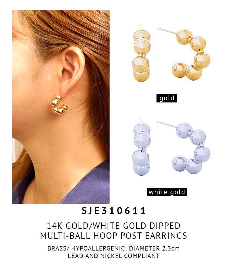 14K Gold Dipped Multi-Ball Hoop Post Earrings
