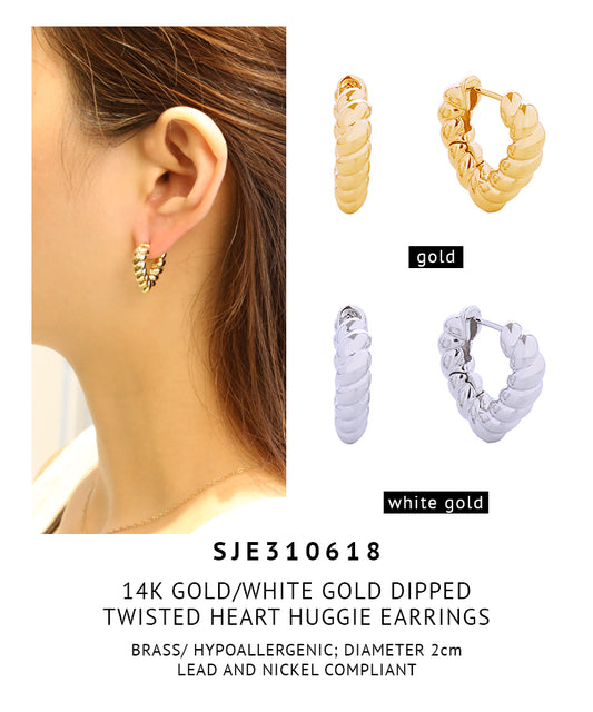 14K Gold Dipped Twisted Heart Huggie Earrings