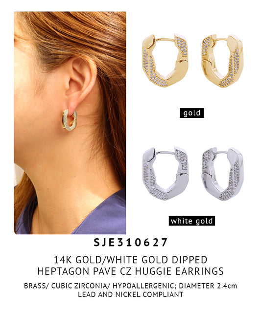 14K Gold Dipped Heptagon Pave CZ Huggie Earrings
