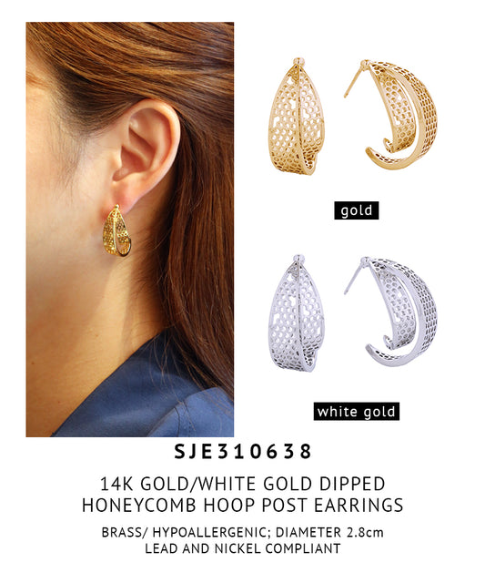 14K Gold Dipped Honey Comb Hoop Post Earrings