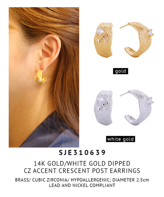 14K Gold Dipped CZ Accent Crescent Post Earrings