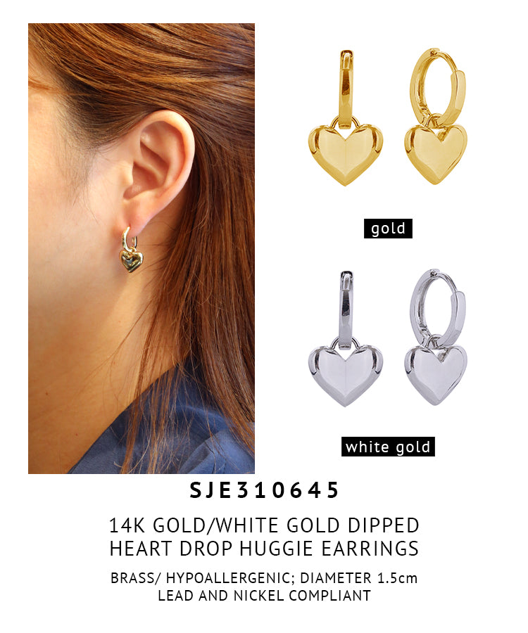 14K Gold Dipped Heart Drop Huggie Earrings