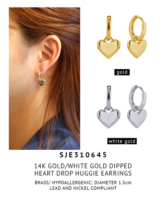 14K Gold Dipped Heart Drop Huggie Earrings