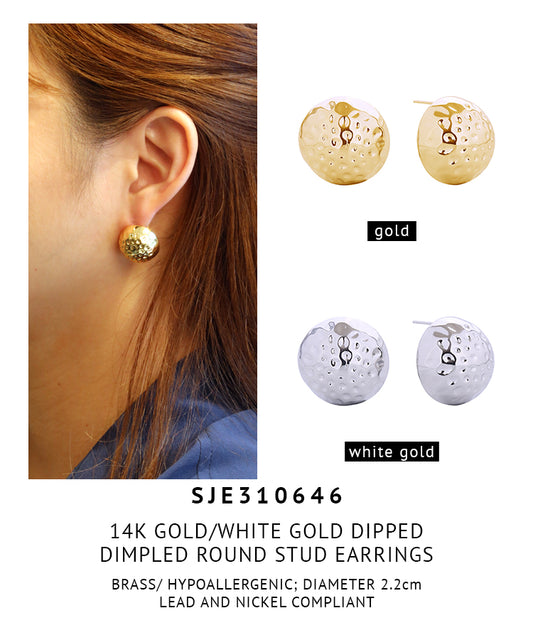 14K Gold Dipped Dimpled Round Stud Earrings