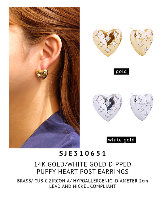 14K Gold Dipped Puffy Heart Pave CZ Post Earrings