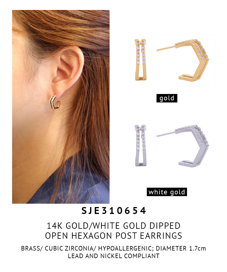 14K Gold Dipped Open Hexagon Pave CZ Post Earrings