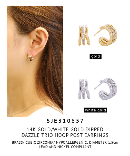 14K Gold Dipped Dazzle Trio Hoop Post Earrings