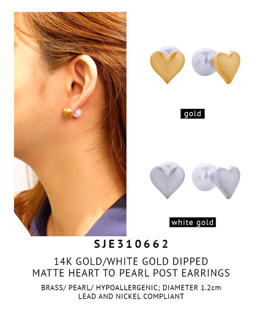 14K Gold Dipped Matte Heart to Pearl Post Earrings