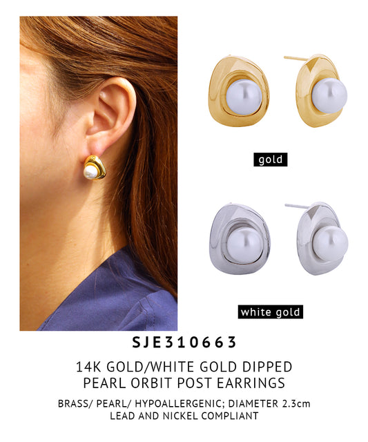 14K Gold Dipped Pearl Orbit Post Earrings