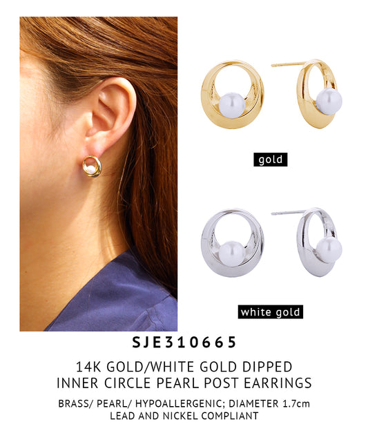 14K Gold Dipped Inner Circle Pearl Post Earrings