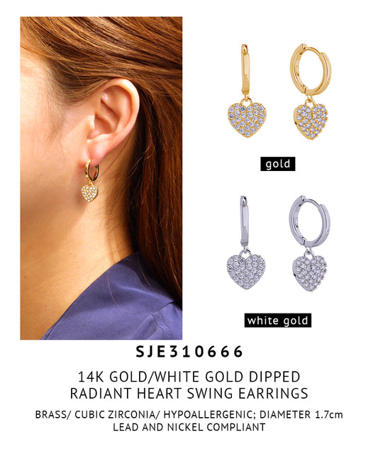 14K Gold Dipped Radiant Heart Swing Pave CZ Earrings