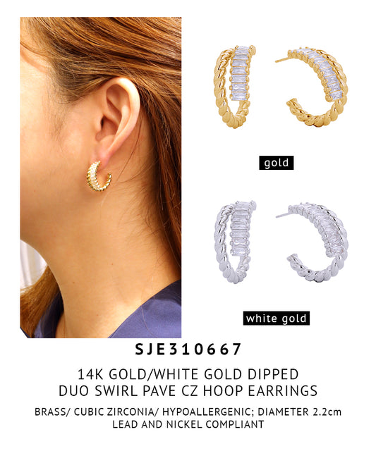 14K Gold Dipped Duo Swirl Pave CZ Hoop Earrings