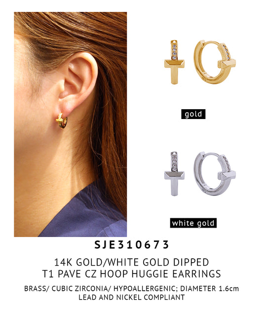 14K Gold Dipped T1 Pave CZ Hoop Huggie Earrings
