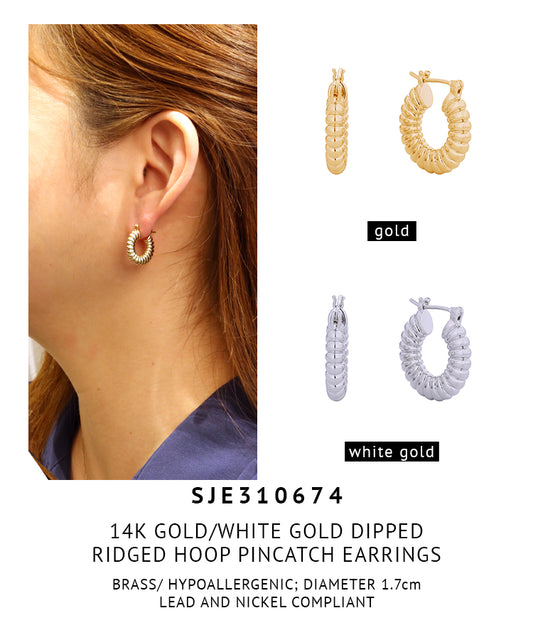 14K Gold Dipped Ridged Hoop Pincatch Earrings