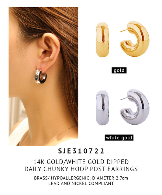 14K Gold Dipped Daily Chunky Hoop Post Earrings