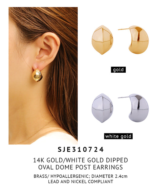 14K Gold Dipped Oval Dome Post Earrings