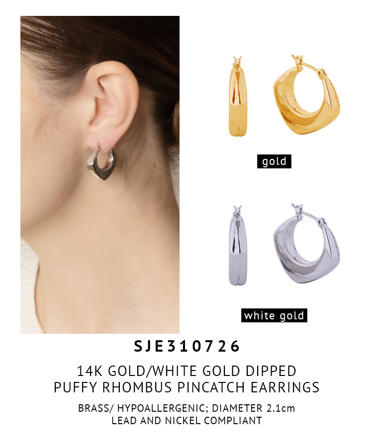 14K Gold Dipped Puffy Rhombus Pincatch Earrings