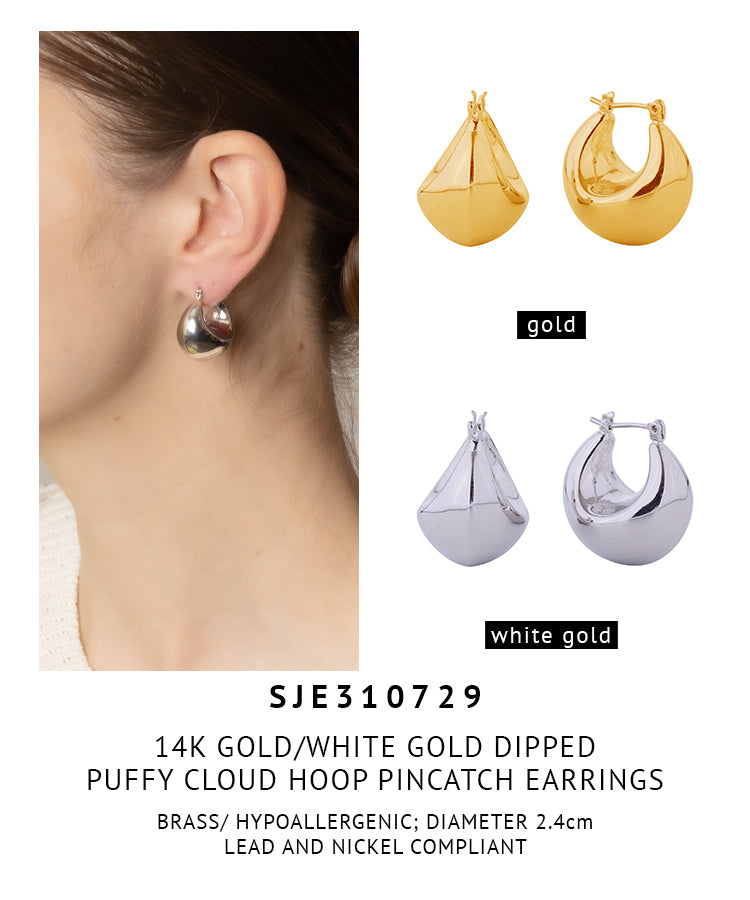 14K Gold Dipped Puffy Cloud Hoop Pincatch Earrings