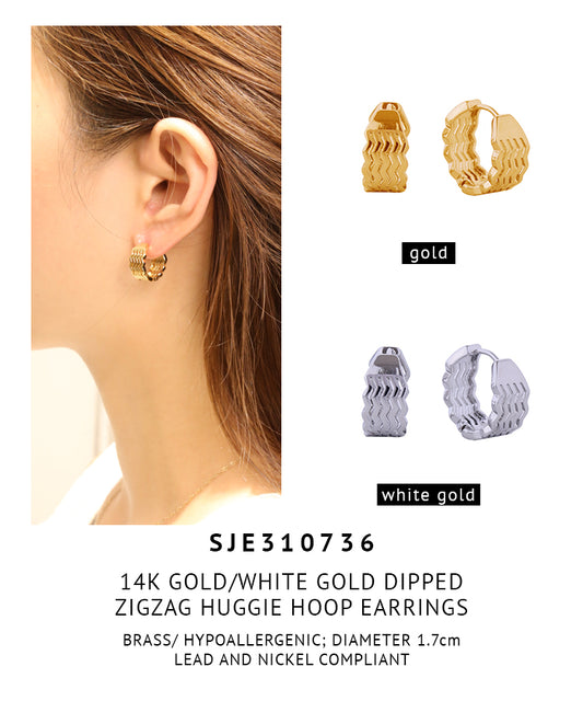 14K Gold Dipped ZigZag Huggie Hoop Earrings