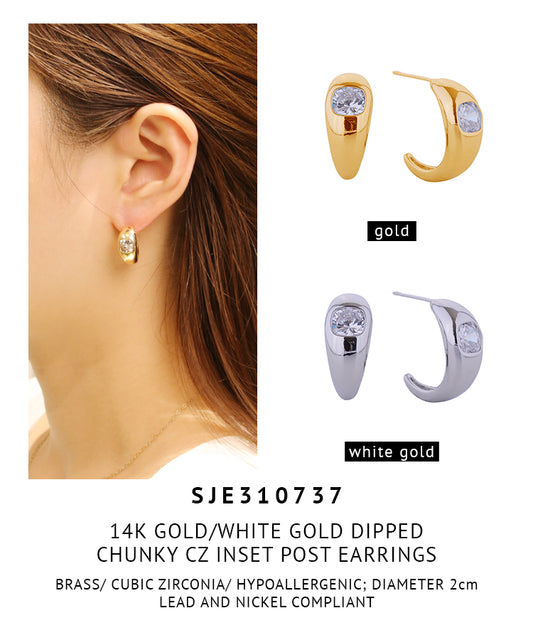 14K Gold Dipped Chunky CZ Inset Post Earrings