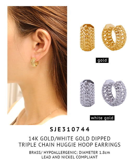 14K Gold Dipped Triple Chain Huggie Hoop Earrings