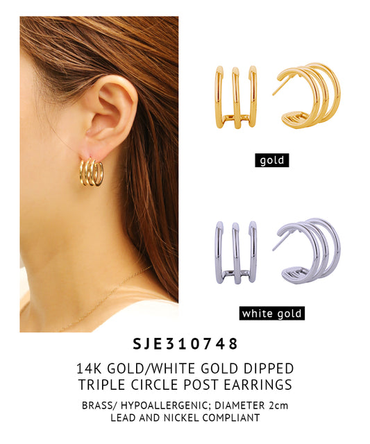 14K Gold Dipped Triple Circle Post Earrings