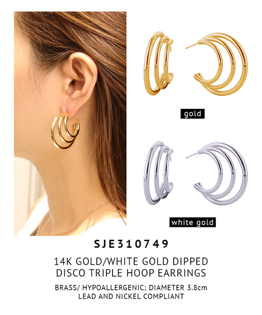 14K Gold Dipped Disco Triple Hoop Earrings