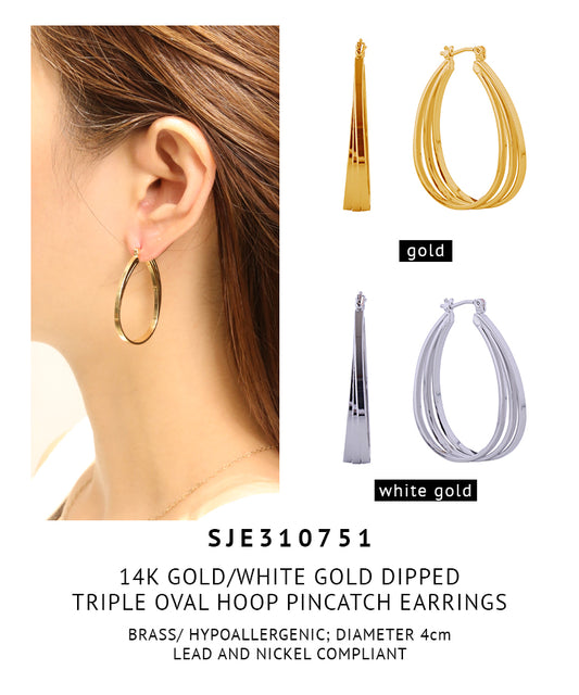 14K Gold Dipped Triple Oval Hoop Pincatch Earrings