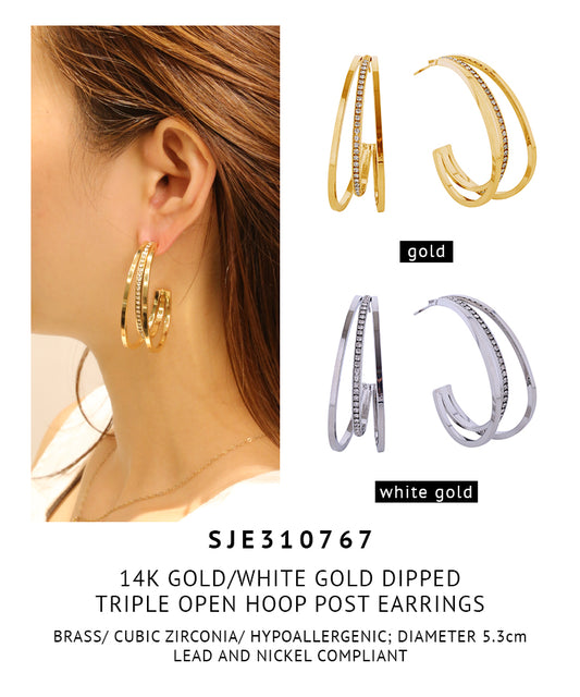 14K Gold Dipped Triple Open Hoop Pave CZ Post Earrings