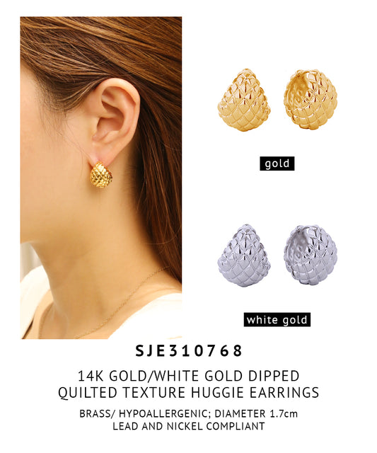 14K Gold Dipped Quilted Texture Huggie Earrings