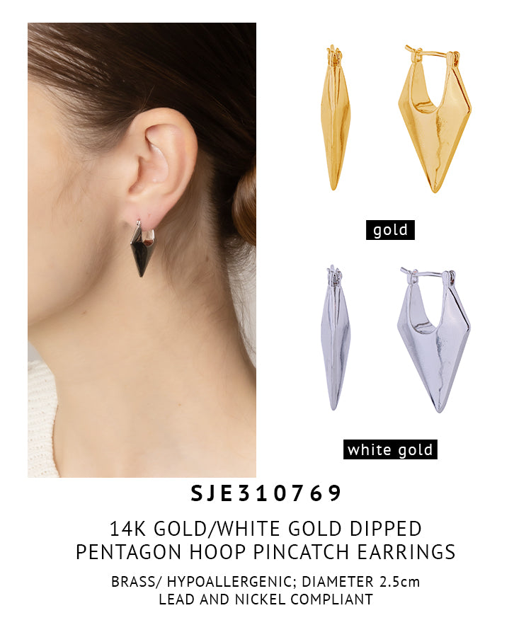 14K Gold Dipped Pentagon Hoop Pincatch Earrings