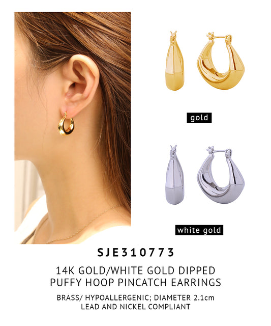 14K Gold Dipped Puffy Hoop Pincatch Earrings