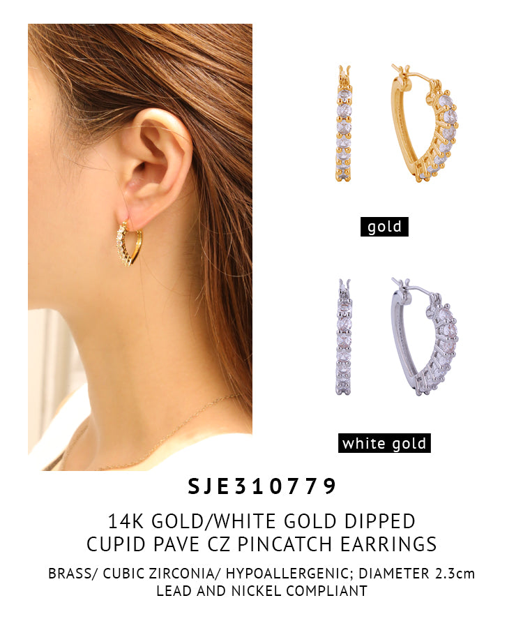 14K Gold Dipped Cupid Pave CZ Pincatch Earrings