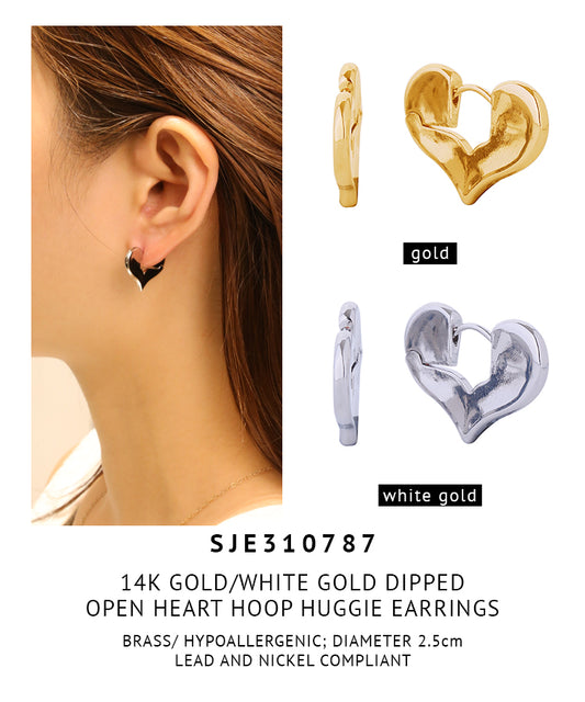14K Gold Dipped Open Heart Hoop Huggie Earrings