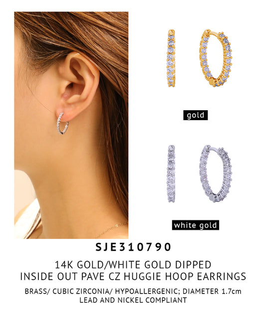 14K Gold Dipped Inside Out Pave CZ Huggie Hoop Earrings