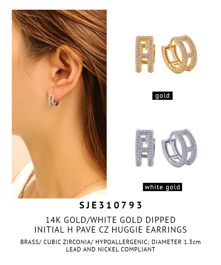 14K Gold Dipped Initial H Pave CZ Huggie Earrings