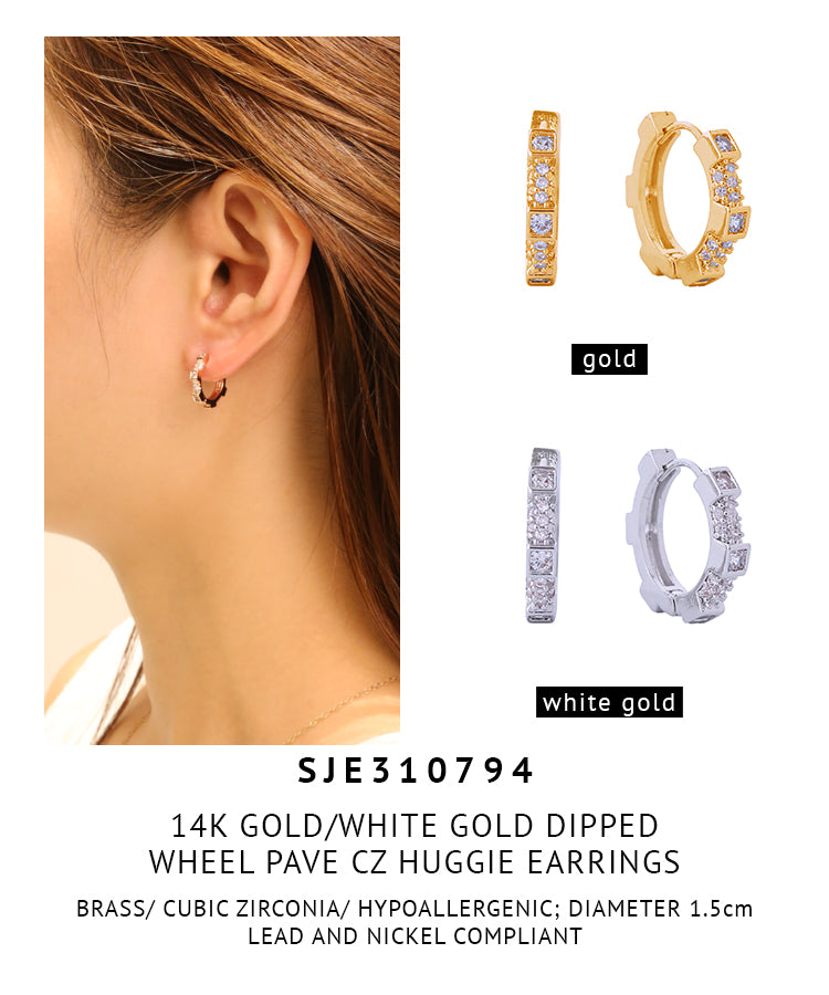14K Gold Dipped Wheel Pave CZ Huggie Earrings