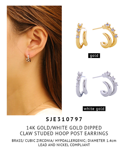 14K Gold Dipped Claw Studed Hoop Post Earrings