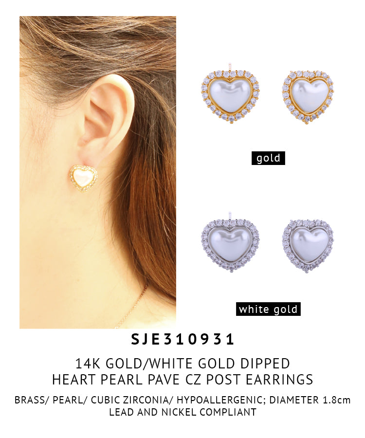 14K Gold Dipped Heart Pearl Pave CZ Post Earrings