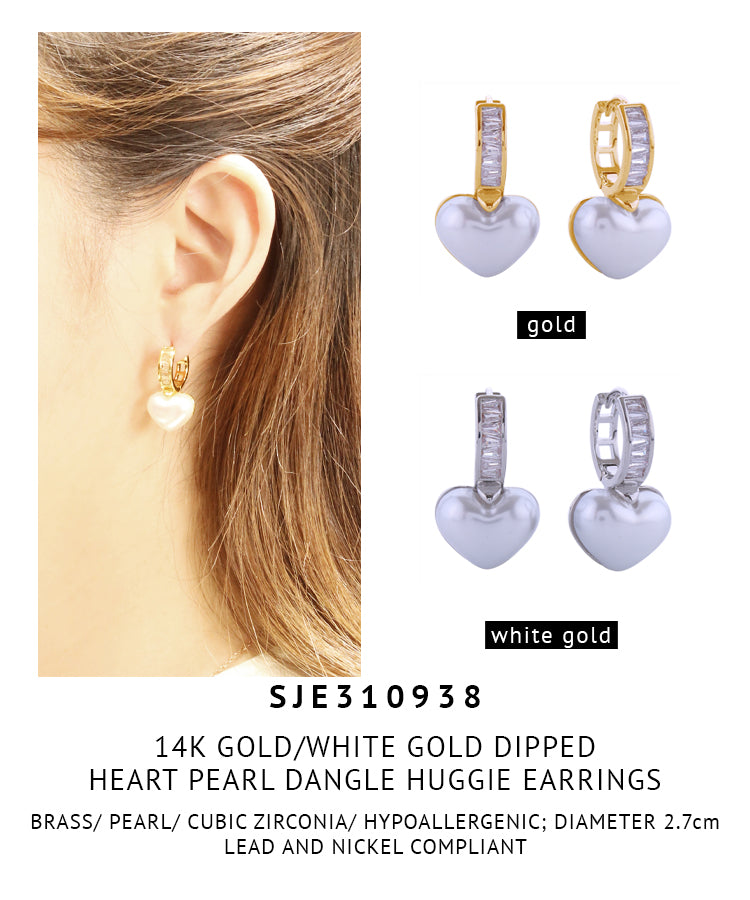 14K Gold Dipped Heart Pearl Dangle Huggie Earrings