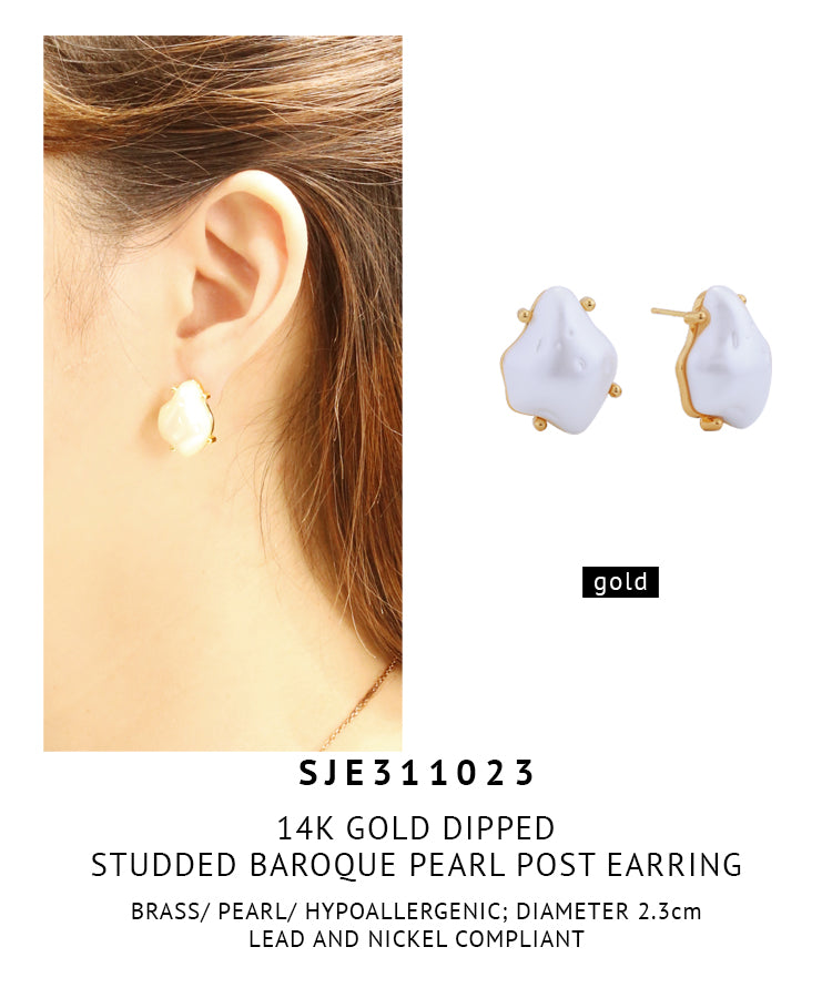 14K Gold Dipped Studded Baroque Pearl Post Earrings